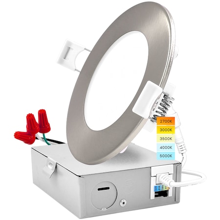 Luxrite 4" Ultra Thin LED Recessed Downlight 5 CCT Selectable 2700K-5000K 10W 750LM Dimmable Brushed Nickel LR23756 LR23771-1PK